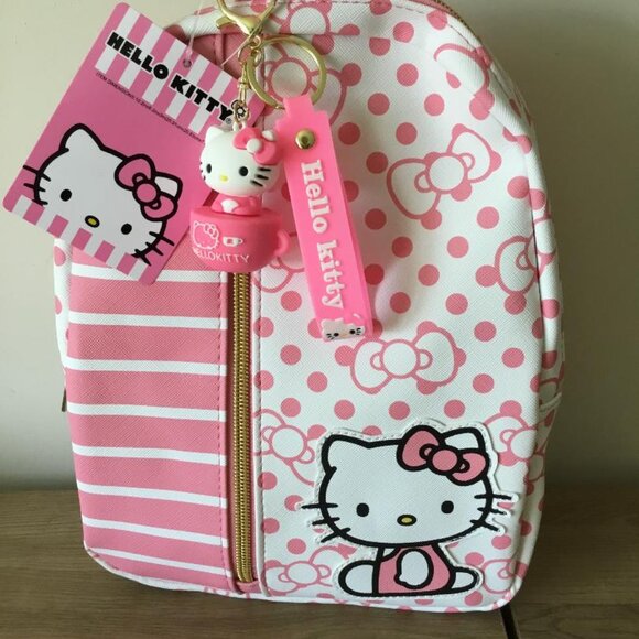 Hello Kitty 3 Pc. Bundle- Pink Polka Dot Backpack, Bag Charm Lavender Wallet NEW - Picture 2 of 6